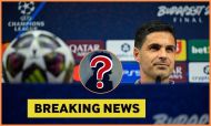 Arsenal manager Mikel Arteta at a press conference and 'breaking news' banner