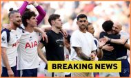 Cristian Romero joins his Tottenham teammates on the pitch after the final Premier League game of the season