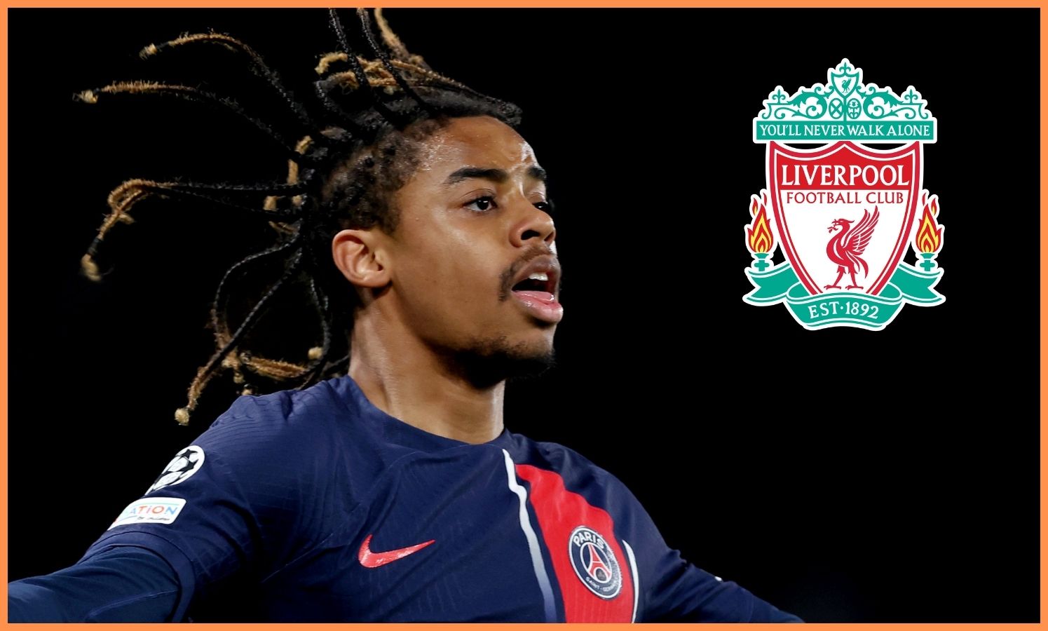 Bradley Barcola and the Liverpool logo