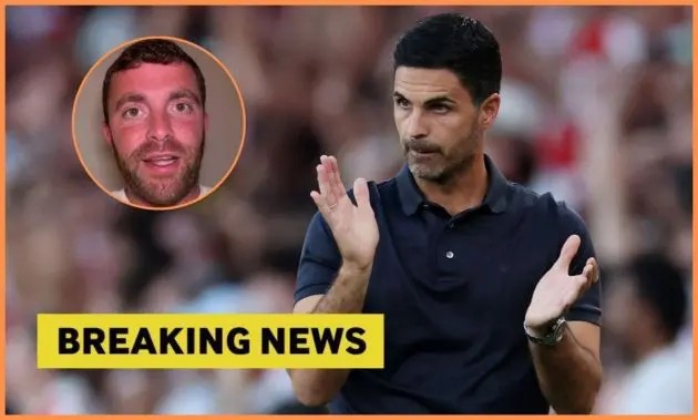 Mikel Arteta applauding with overlay of breaking news and fabrizio romano