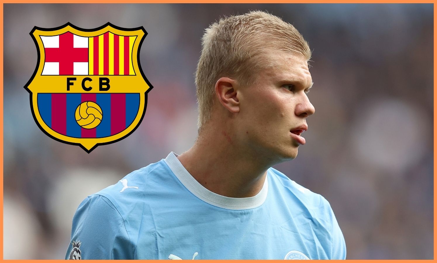 Erling Holland está assistindo e o logotipo do FC Barcelona
