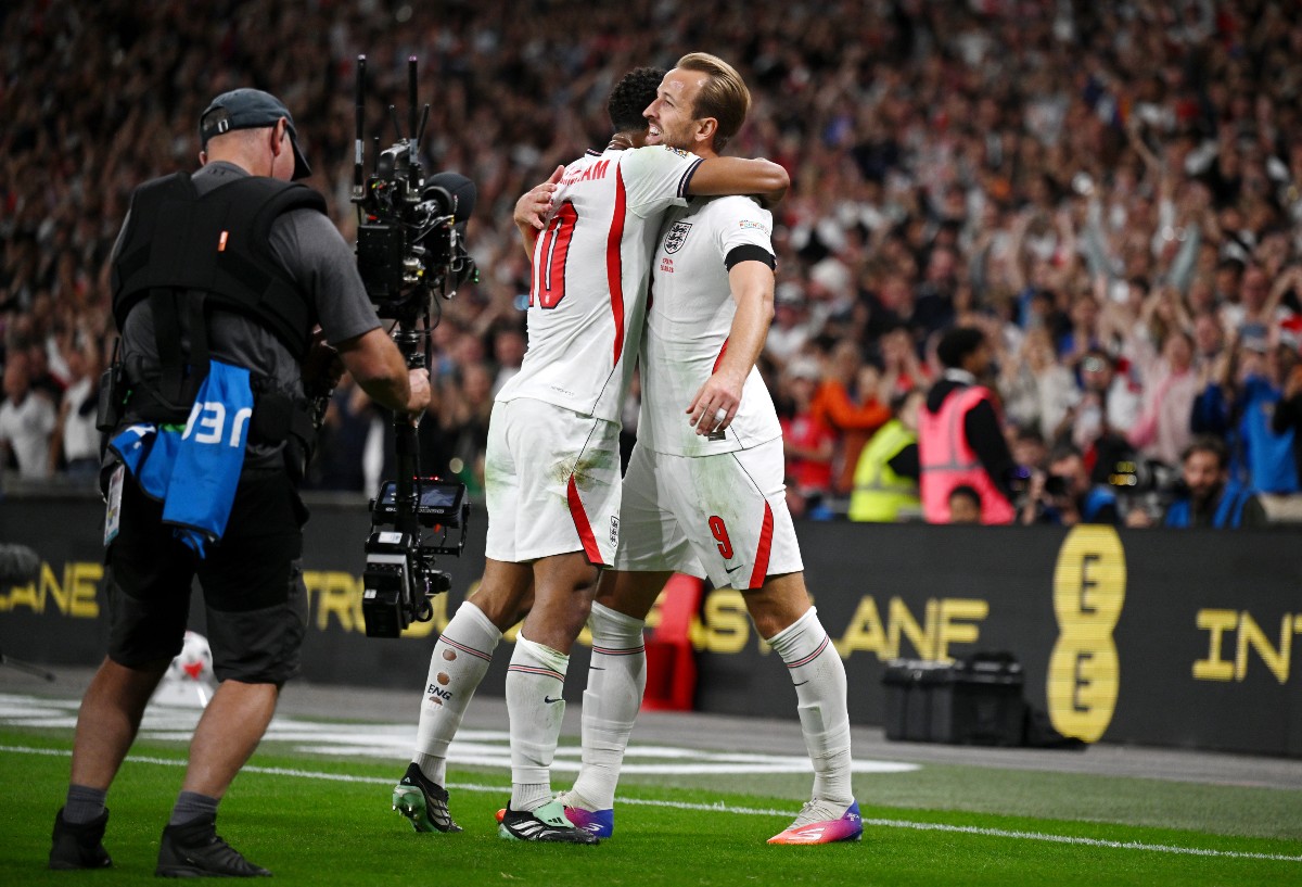 Jude-Bellingham-celebrates-with-Harry-Kane Video: Anthony Gordon & Harry Kane score quickfire double for England to stun Spain